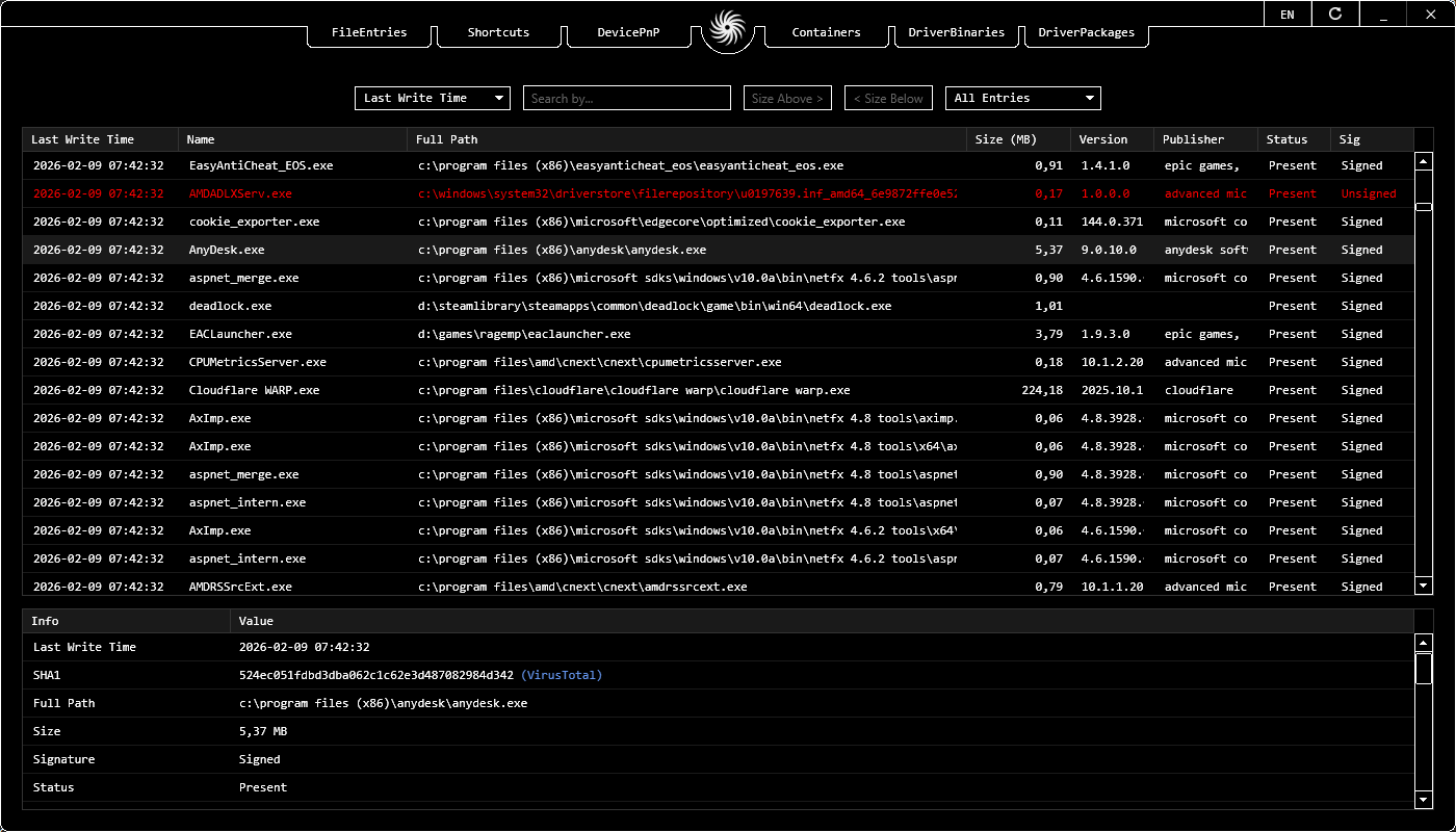 Vortex AmCache UI - Live Hive Parsing and Entry Metadata Analysis