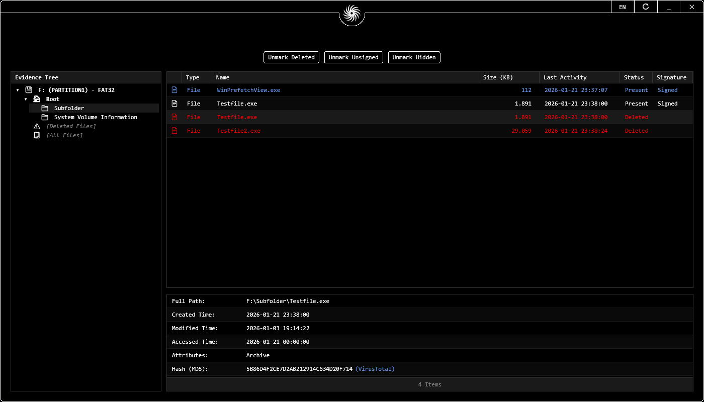 Vortex FAT UI - Raw Disk Parsing and File Carving Results