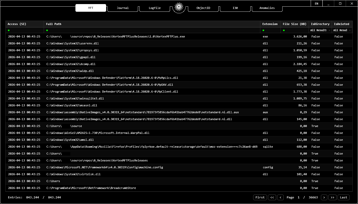 Vortex MFT Plus UI - NTFS Artifact Parsing and Anomaly Detection